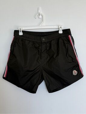 Moncler Olive Swim Shorts with Red, White & Blue Side Stripes